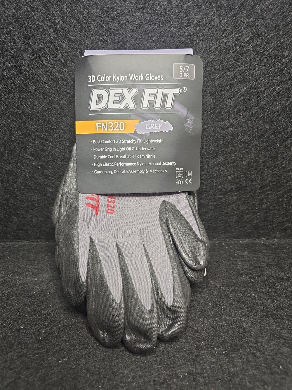 DEX FIT Work Gloves 3 Pair Premium Nylon Nitrile 3D Comfort Gray/Black Small
